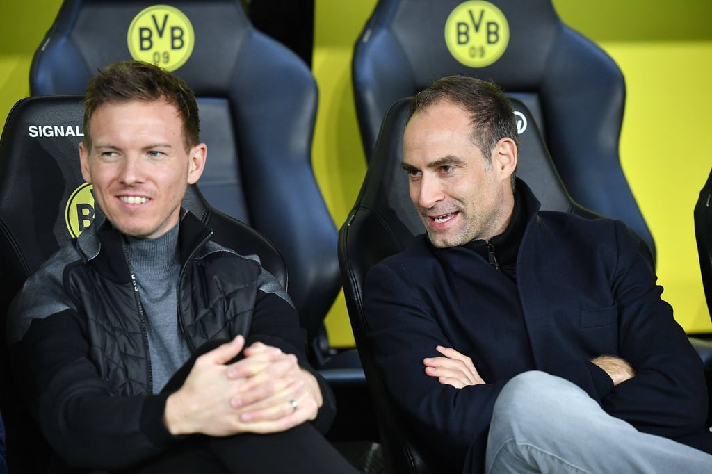 RB Leipzigs Trainer Julian Nagelsmann (l.) und RB-Geschäftsführer Oliver Mintzlaff.