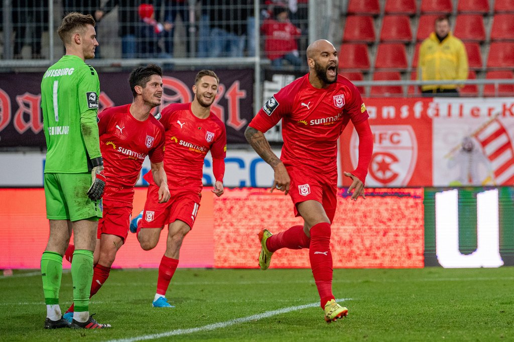 Terrence Boyd jubelt für den HFC nach seinem Traumtor gegen Duisburg.