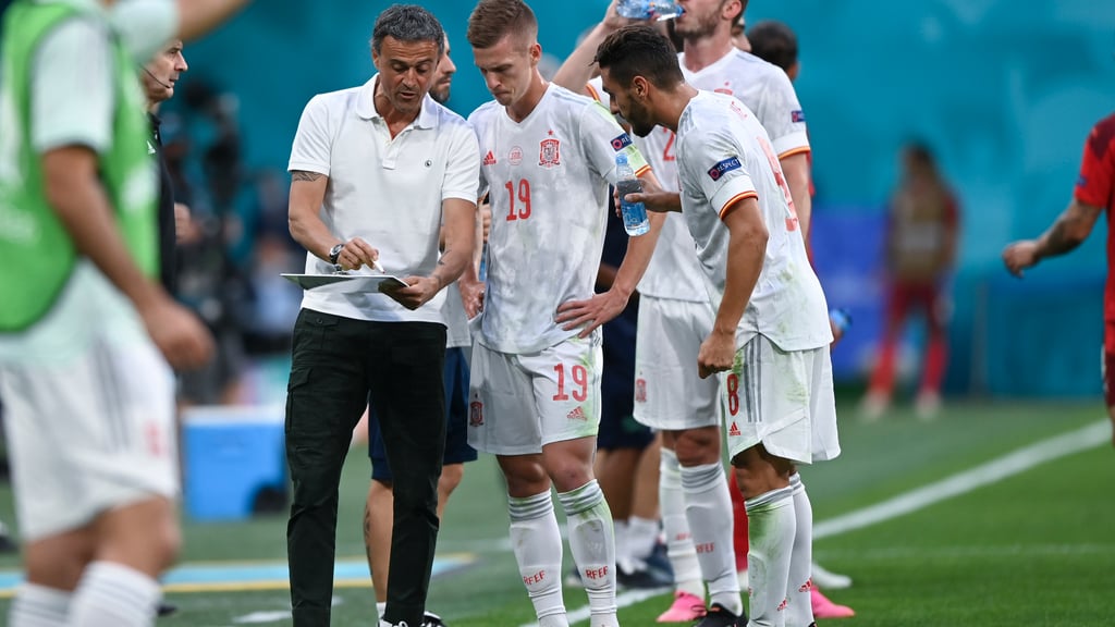 Spaniens Trainer Luis Enrique gibt Anweisungen an Dani Olmo (m.) und Jordi Alba (r.).