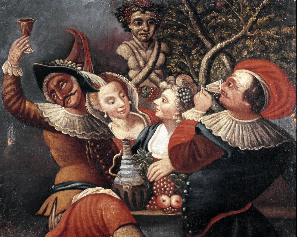 Mitglieder der Commedia dell'arte trinken Wein vor einer Büste des Bacchus.
