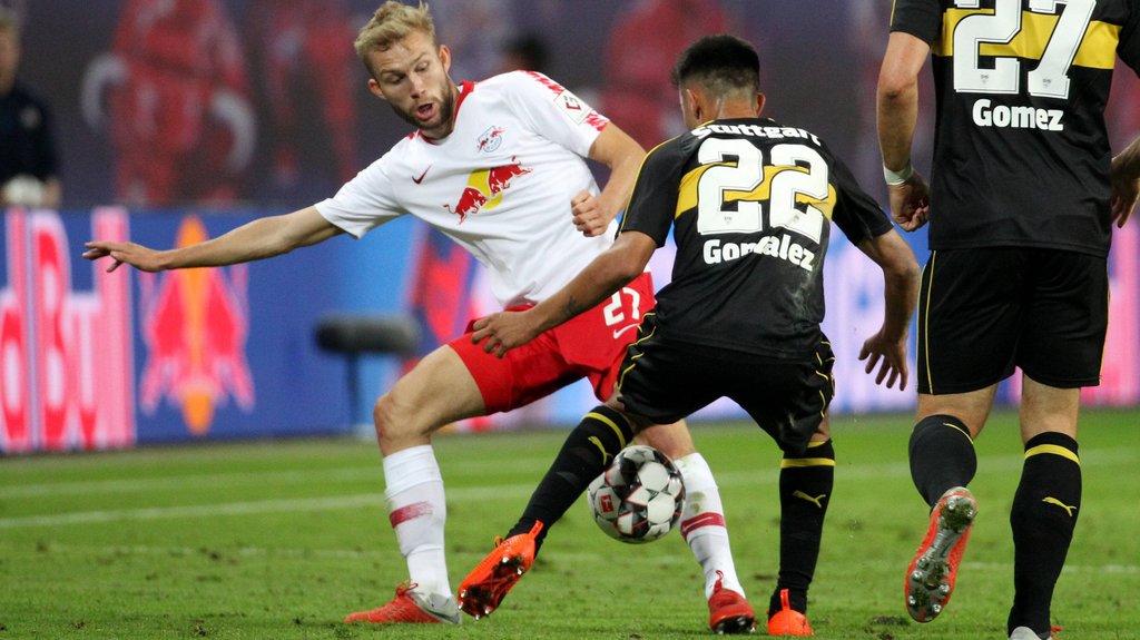 Konrad Laimer bei seinem letzten Heimspiel mit RB Leipzig gegen den VfB Stuttgart.