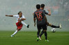 Schuss im Pyro-Nebel aus dem Bayern-Block: Yussuf Poulsen trifft zum 3:1 gegen den FC Bayern.