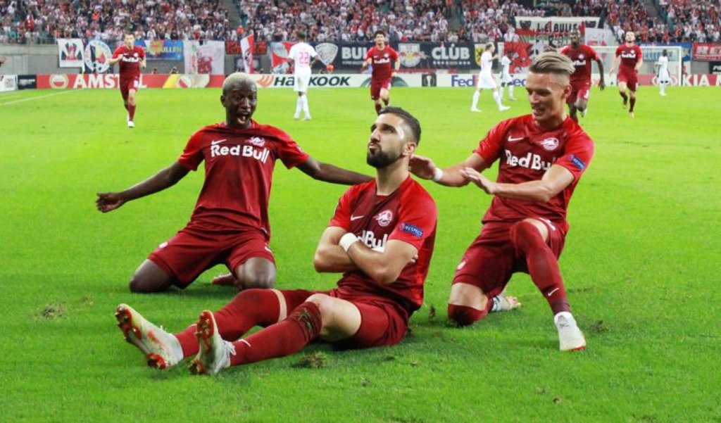 Machtdemonstration im Hinspiel: Munas Dabbur (Mitte) und seine Mitspieler feiern den 3:2-Erfolg in Leipzig
