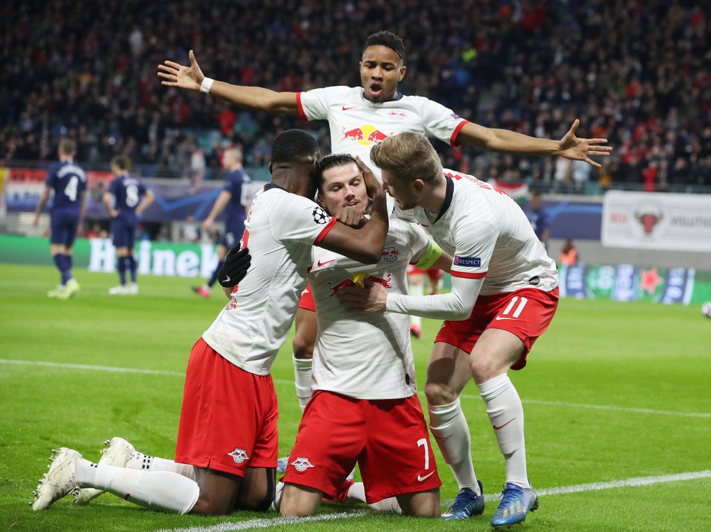 Wer geht als Erstes? Mukiele, Sabitzer, Werner (v.l.n.r.), Nukunku (dahinter).