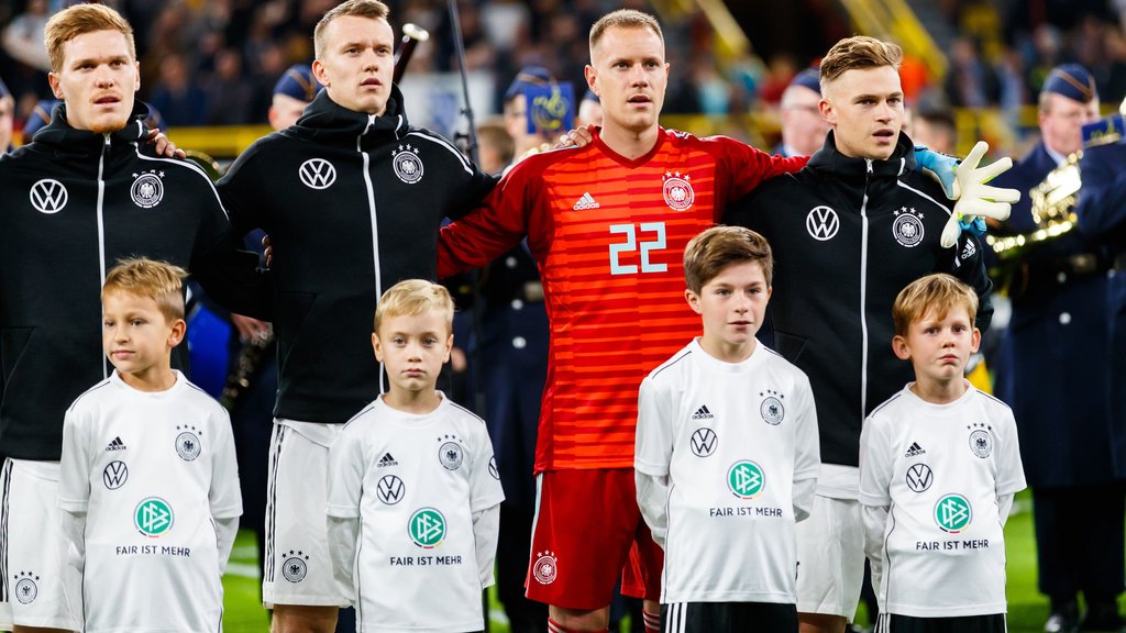 Marcel Halstenberg, Lukas Klostermann, Marc Andre Ter Stegen und Joshua Kimmich (v.l.) vor einem Länderspiel 2019.