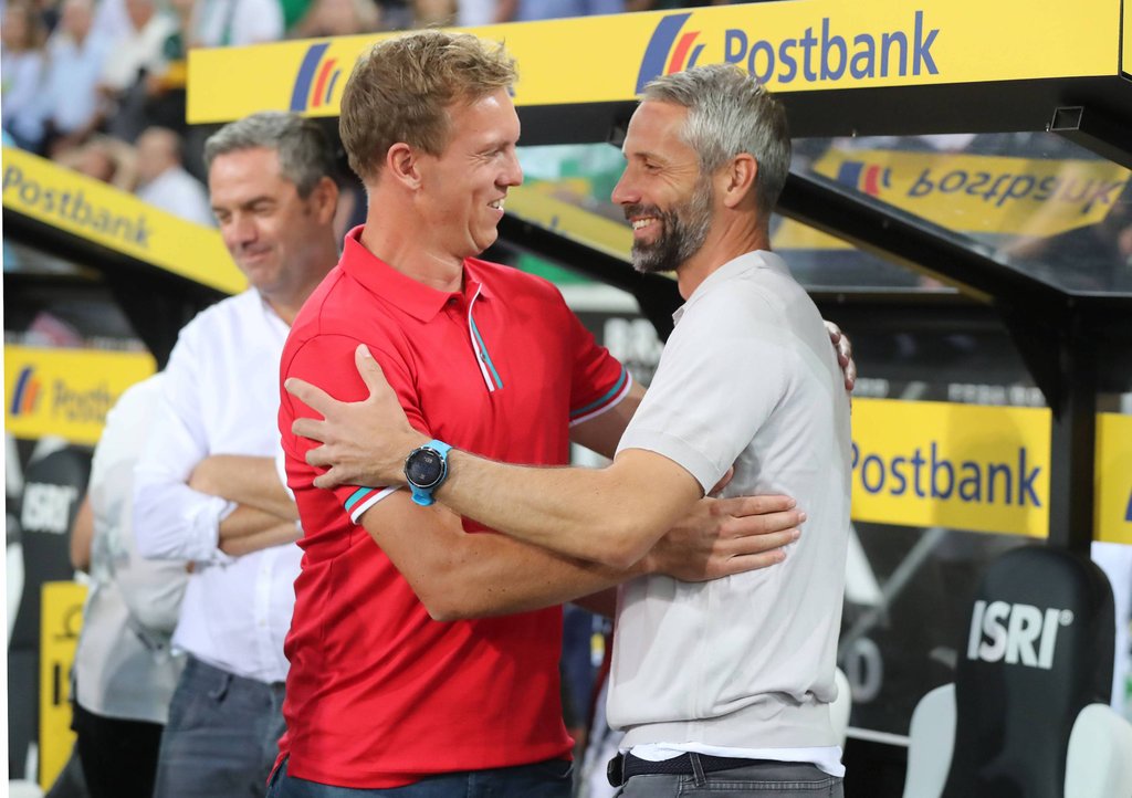 RB-Coach Julian Nagelsmann (l.) und sein Kollege Marco Rose